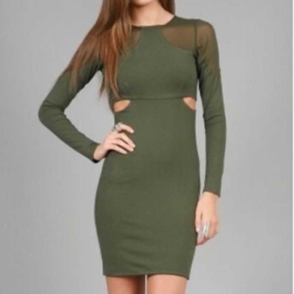 NWT $275 Donna Mizani Sheer Cut Out Dress in Forest Green sz L